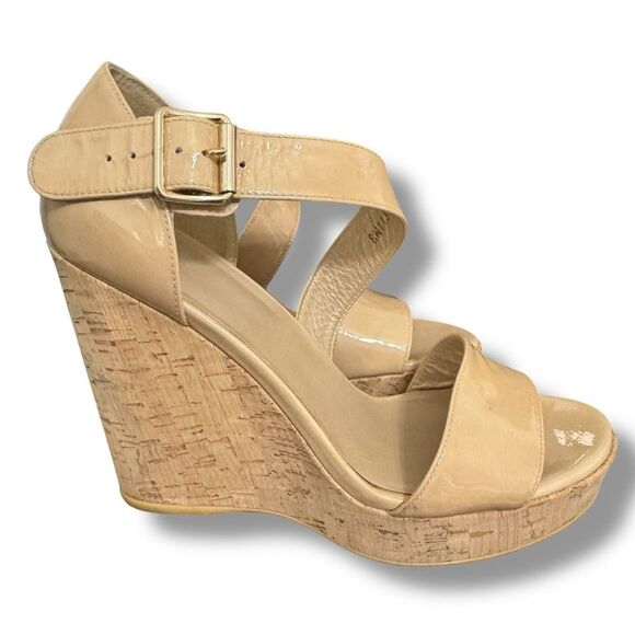 Stuart Weitzman Oneliner Patent Leather Cork Wedge Open Toe Heels Nude Size 9 - Picture 2 of 10